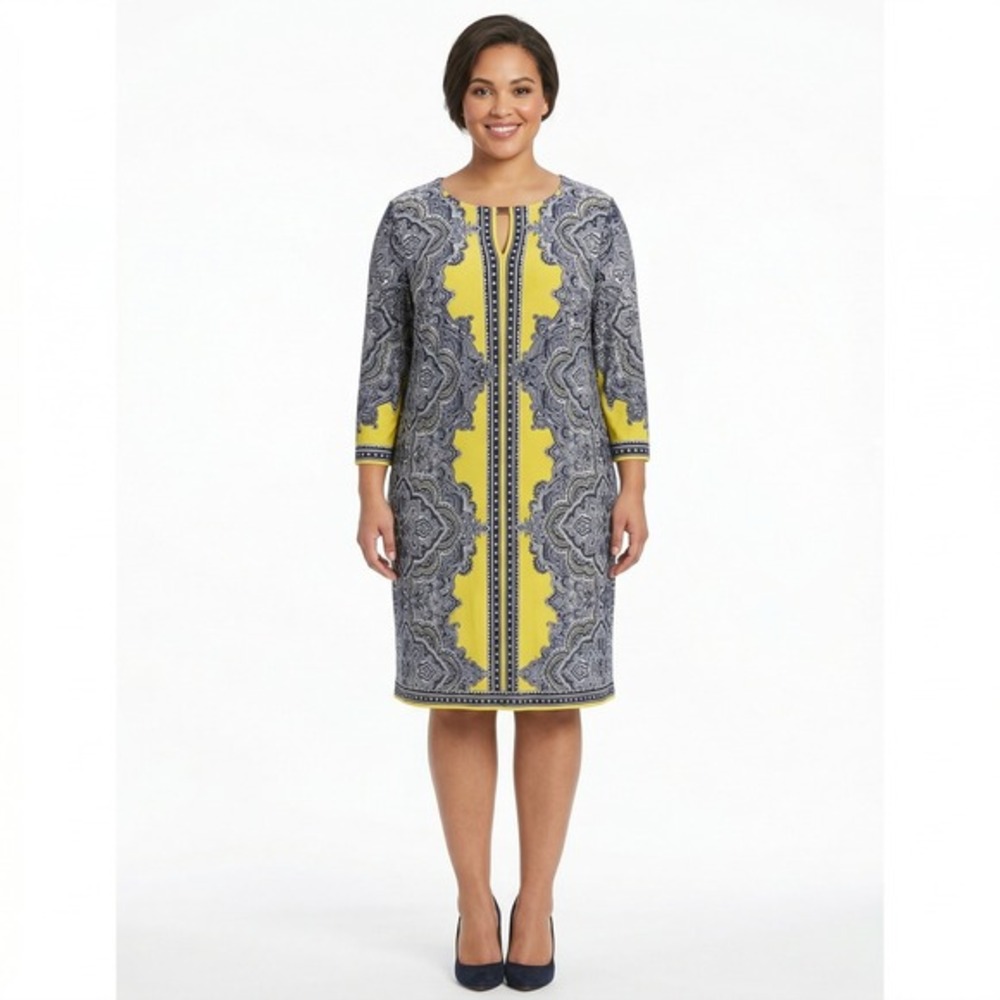 Studio One New‎ York 16 Yellow Navy Paisley Keyhole Shift Dress Gold Bar 3/4